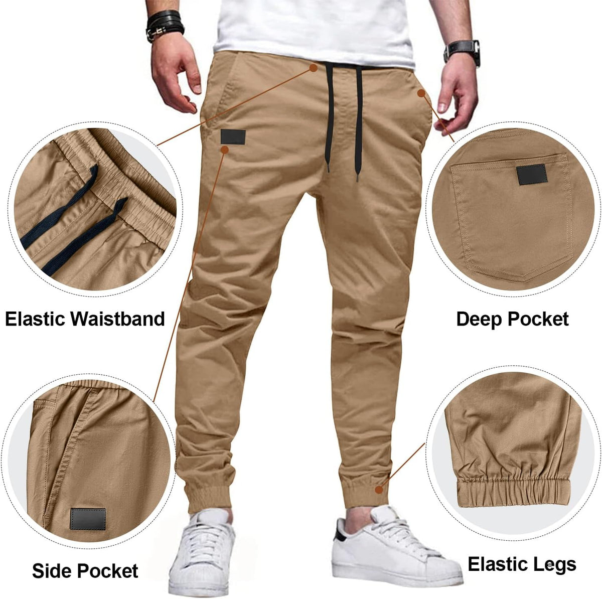 PLEPAN Mens Cotton Casual Cargo Joggers with 4 Pockets | Elastic Waist Drawstring, Track Jogging Sweatpants, Hiking,Outdoor, Comfortable