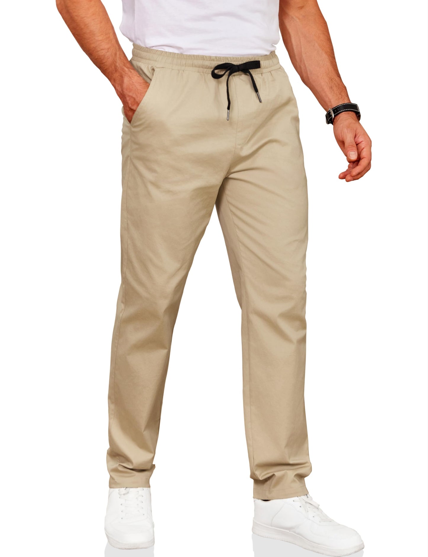COOFANDY Men's Drawstring Casual Pants Cotton Twill Elastic Waist Chino Pants