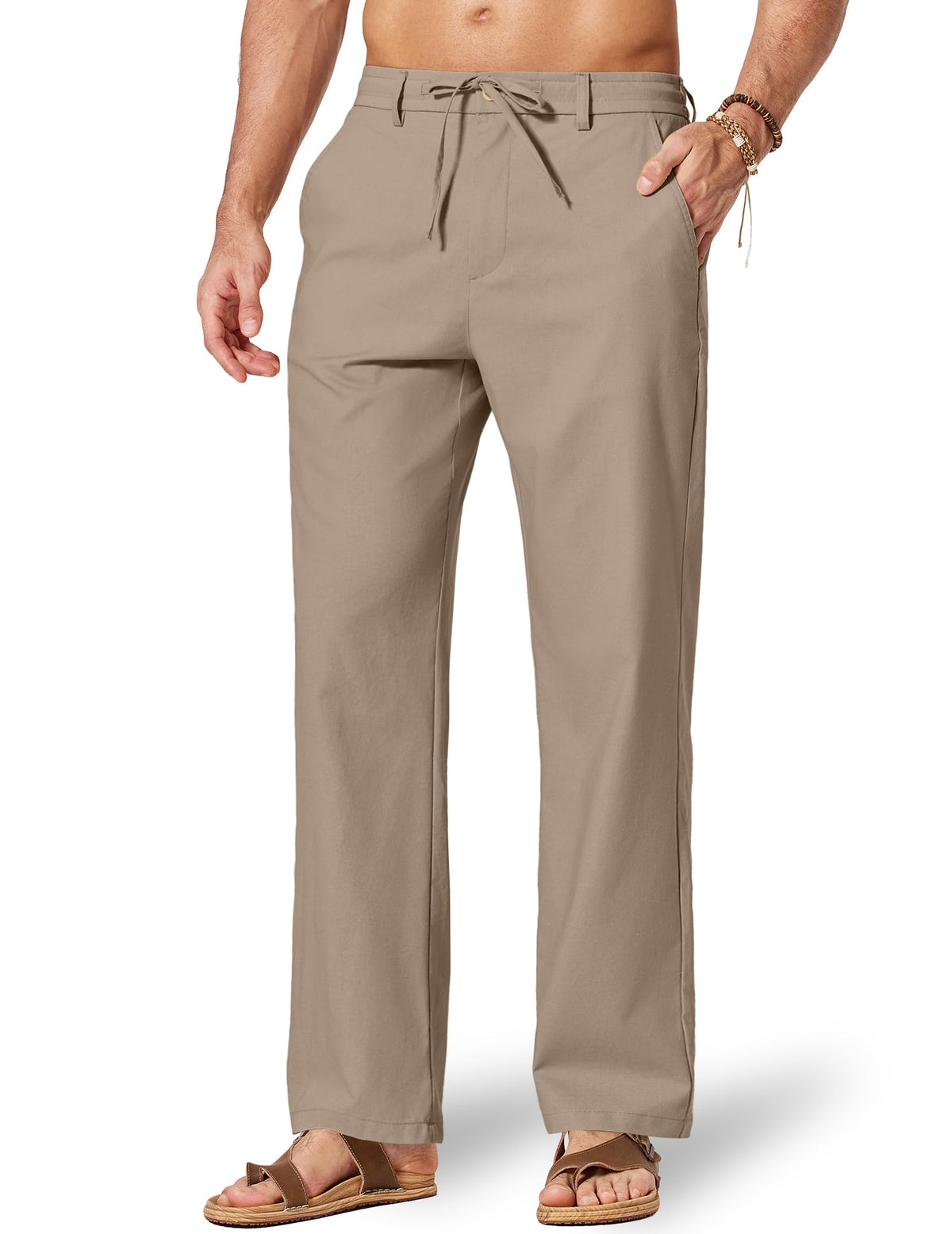 COOFANDY Men's Cotton Linen Pants Casual Drawstring Dress Pants Beach Summer Lightweight Trousers
