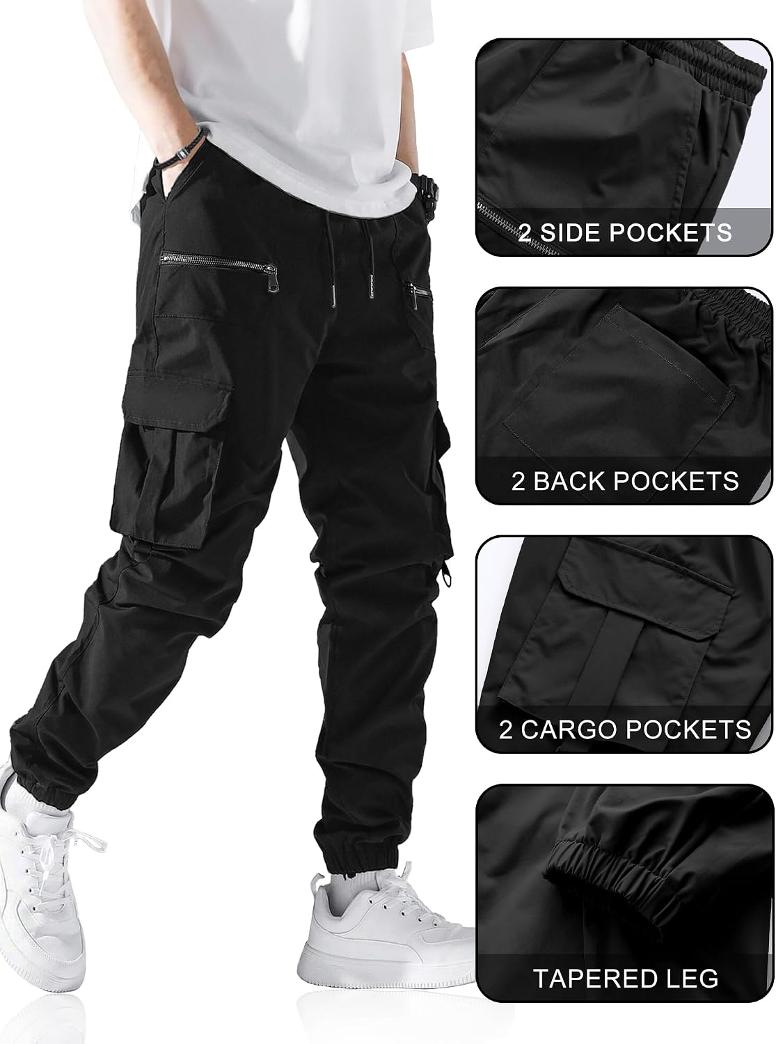 PLEPAN Men's Casual Cargo Pants Elastic Waist Drawstring Joggers Pants | Elastic Waist Drawstring, Multi Pockets, Breathable, Tapered Leg, Versatile for Sports & Daily