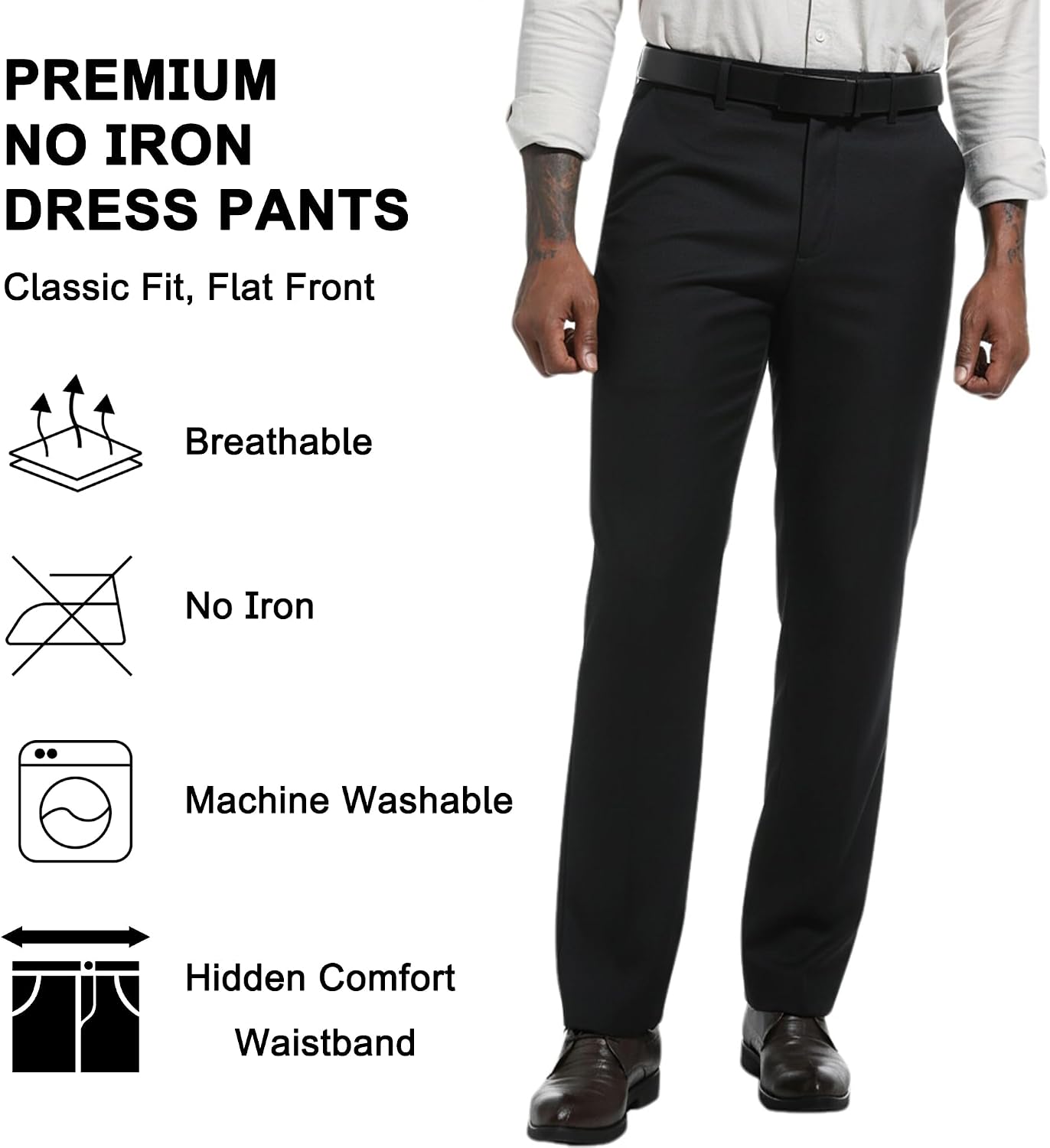 Mens Dress Pants Classic Fit Wrinkle-Free Expandable Waist Slacks | Breathable Fabric, Work Business Office, Flat Front, 4 Pockets, Machine Washable