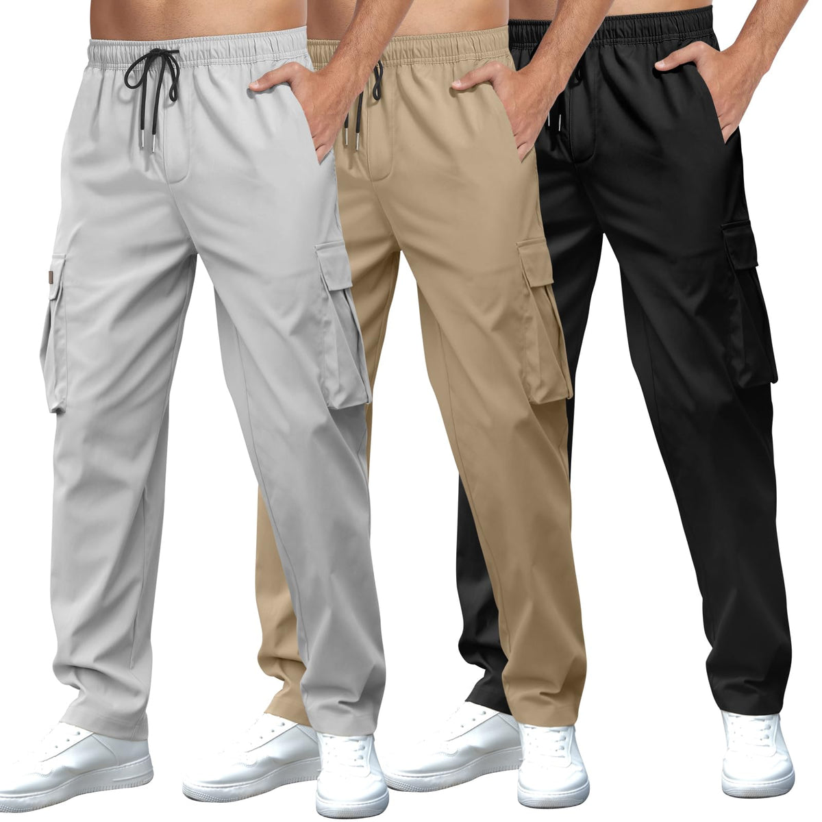 Mens Casual Cargo Pants Drawstring Elastic Waist Sweatpants for Men | Loose Fit Lightweight Tactical Pants with 4 Pockets Outdoor Hiking Athletic Joggers