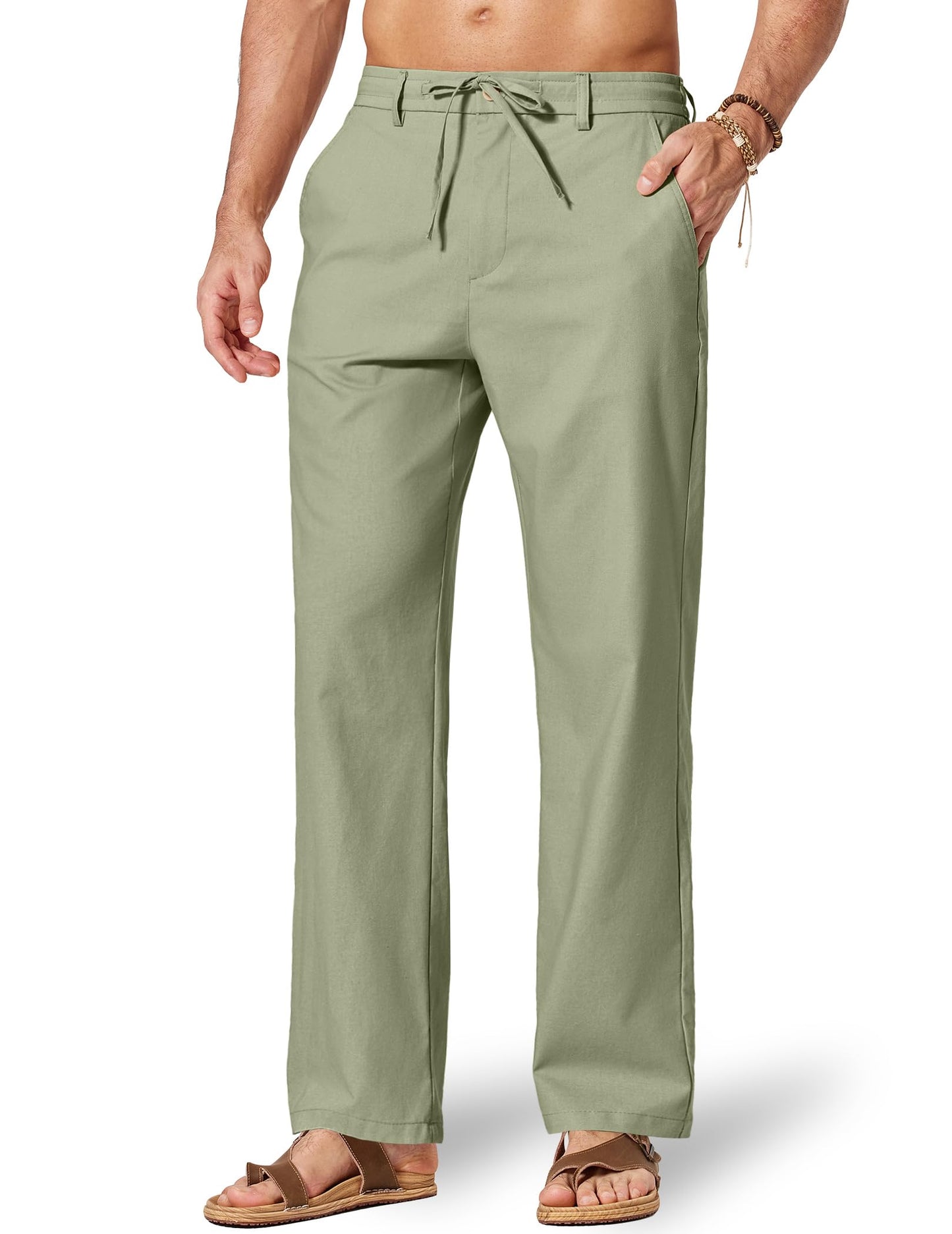 COOFANDY Men's Cotton Linen Pants Casual Drawstring Dress Pants Beach Summer Lightweight Trousers
