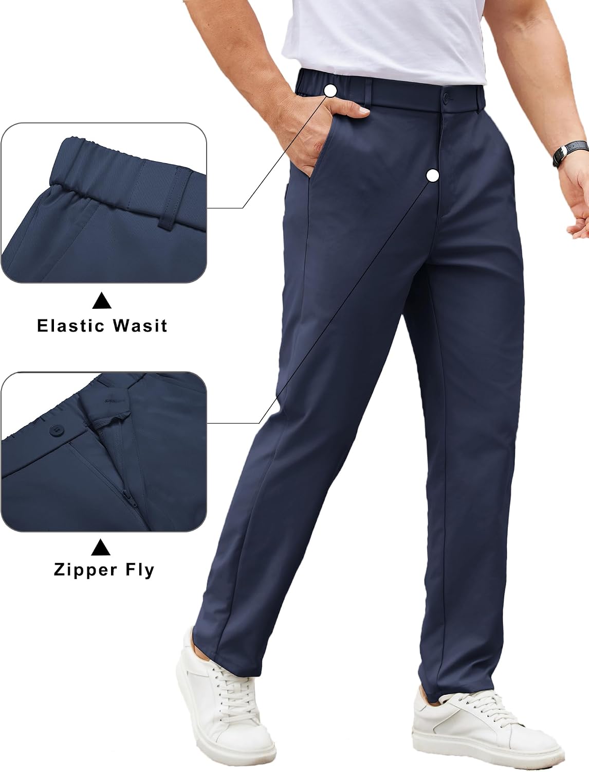 COOFANDY Mens Casual Chino Pants Elastic Waist Classic-Fit Dress Slacks | Hybrid Waistband, Flat Front, Lightweight, Stretchy, Comfortable, Straight Leg, Business Casual Trousers