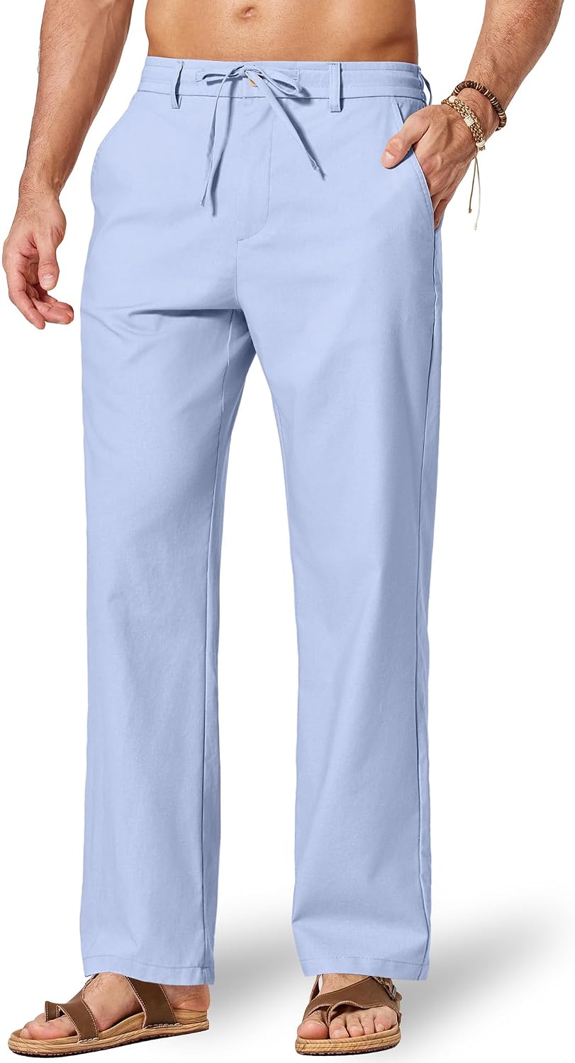 COOFANDY Men's Cotton Linen Pants Casual Drawstring Dress Pants Beach Summer Lightweight Trousers