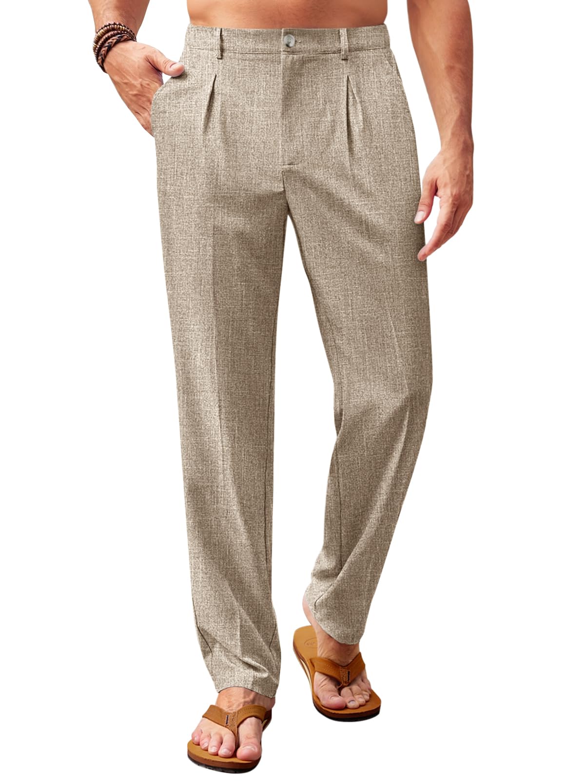 Runcati Mens Casual Pants Elastic Waist Lightweight Loose Pleated Slacks | Summer Beach, Yoga Trousers, Button Closure, Straight Leg, With Pockets, Solid Color
