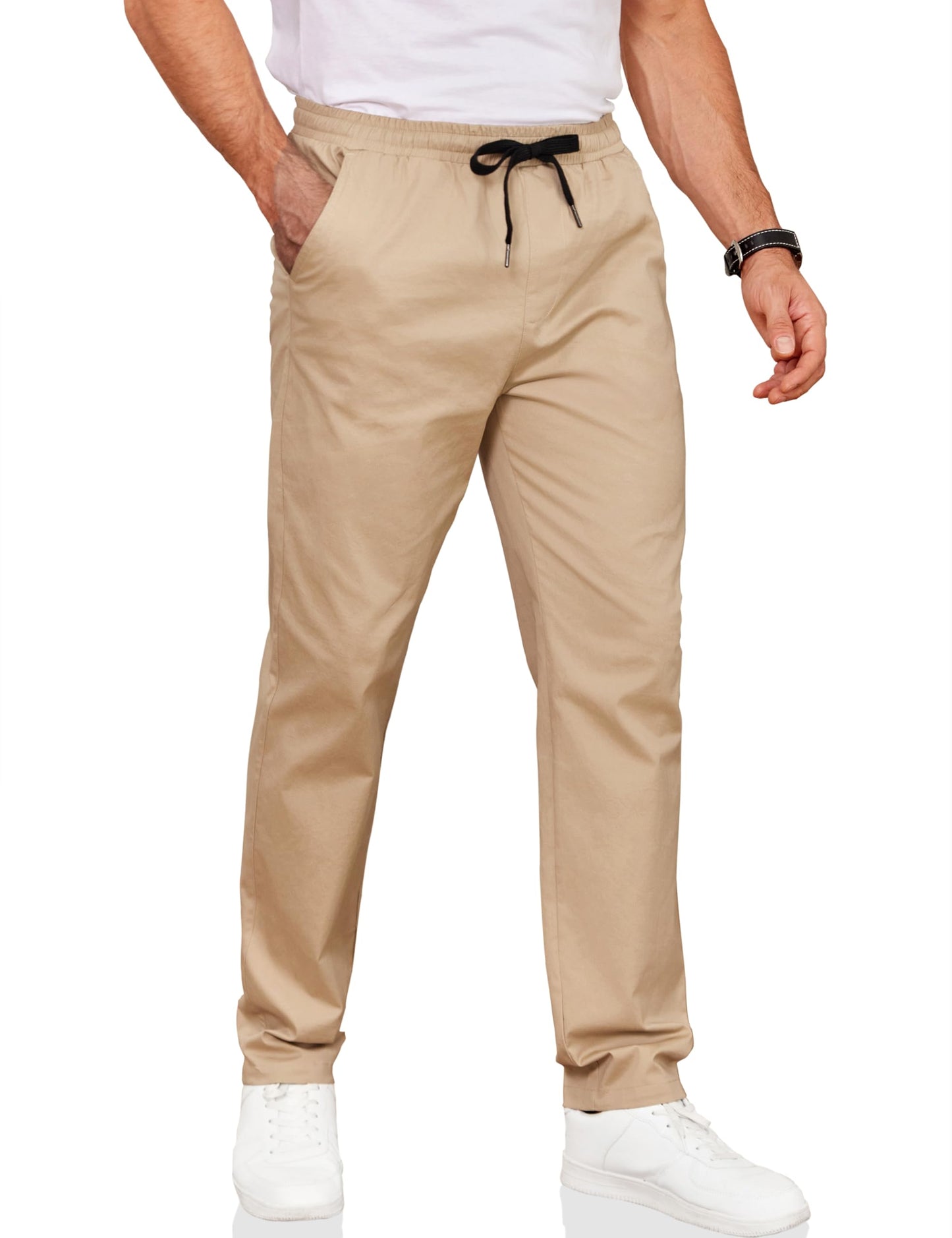 COOFANDY Men's Drawstring Casual Pants Cotton Twill Elastic Waist Chino Pants