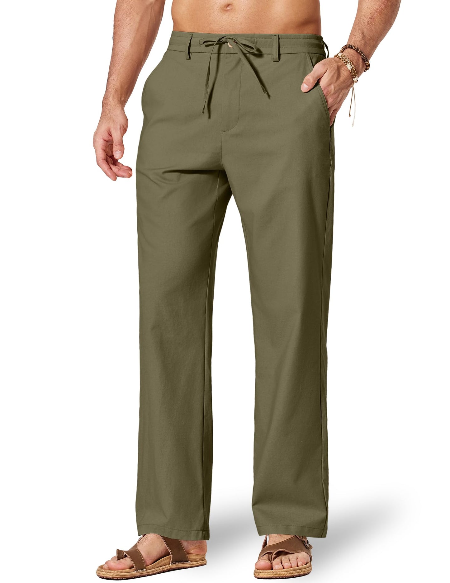 COOFANDY Men's Cotton Linen Pants Casual Drawstring Dress Pants Beach Summer Lightweight Trousers