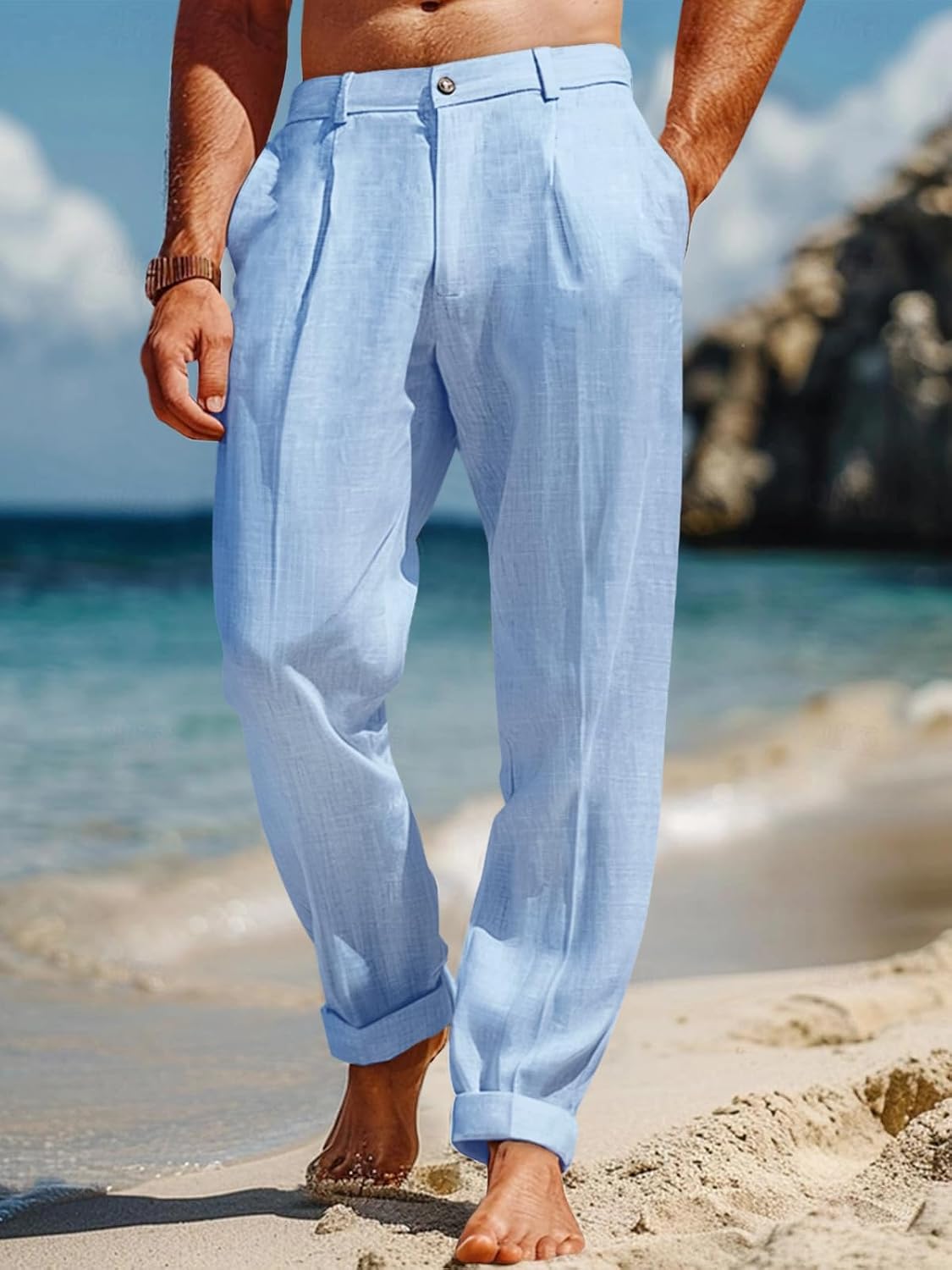 Runcati Mens Casual Pants Elastic Waist Lightweight Loose Pleated Slacks | Summer Beach, Yoga Trousers, Button Closure, Straight Leg, With Pockets, Solid Color