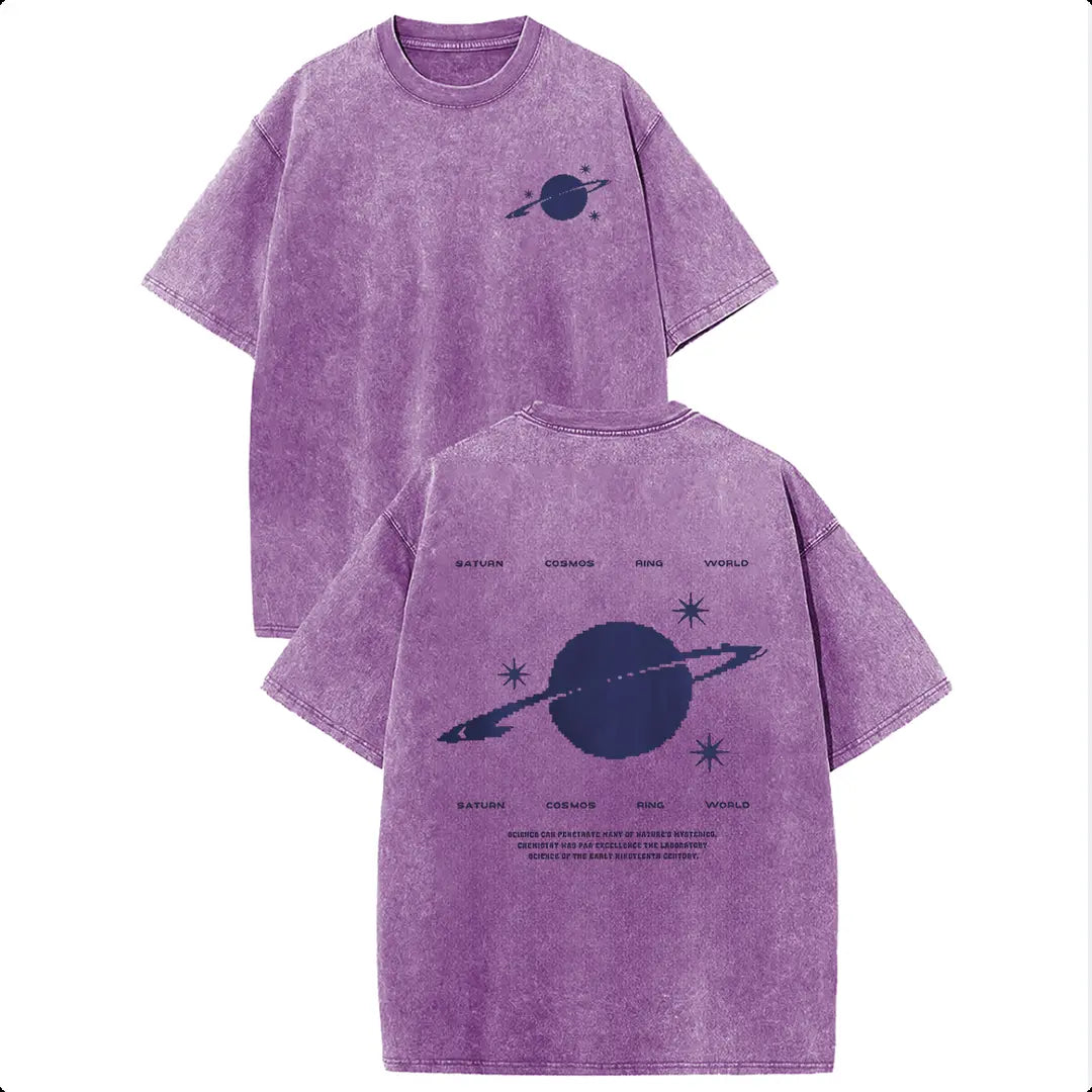 Holafish 100% Cotton Saturn Cosmos Womens Acid Washed T‑Shirt Retro Dual‑Side Graphic Printed Unisex Fashion Tees Summervibes Casual Top 2026