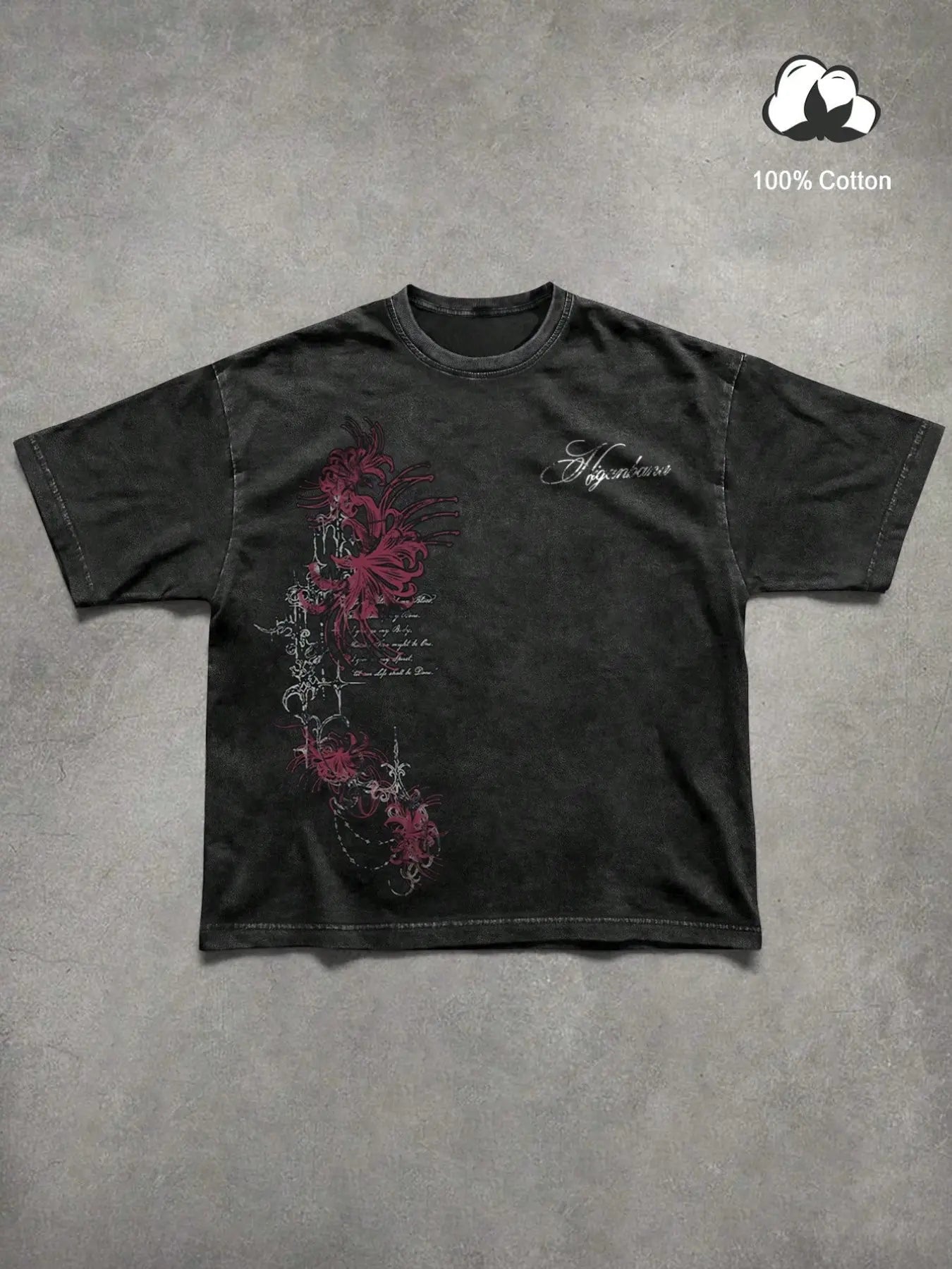 Unisex 100% Cotton Washed Vintage Spider Lily Print Oversized T-Shirt, Y2K Dark Gothic High-Street American Retro Streetwear Top, Casual