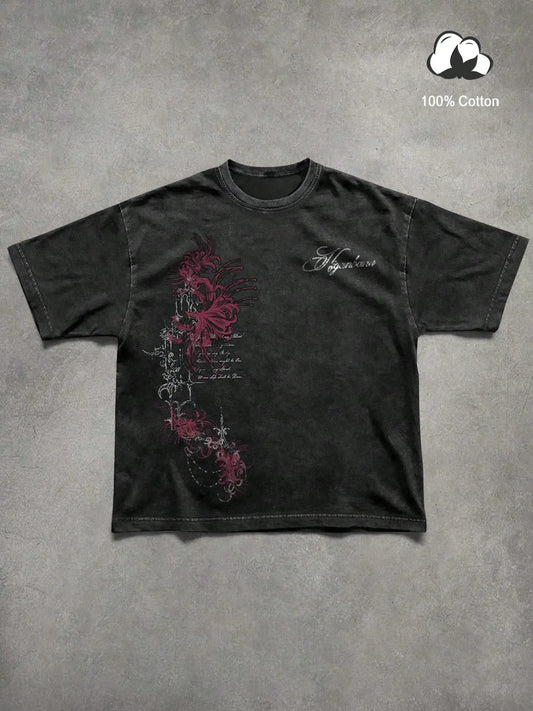 Unisex 100% Cotton Washed Vintage Spider Lily Print Oversized T-Shirt, Y2K Dark Gothic High-Street American Retro Streetwear Top, Casual