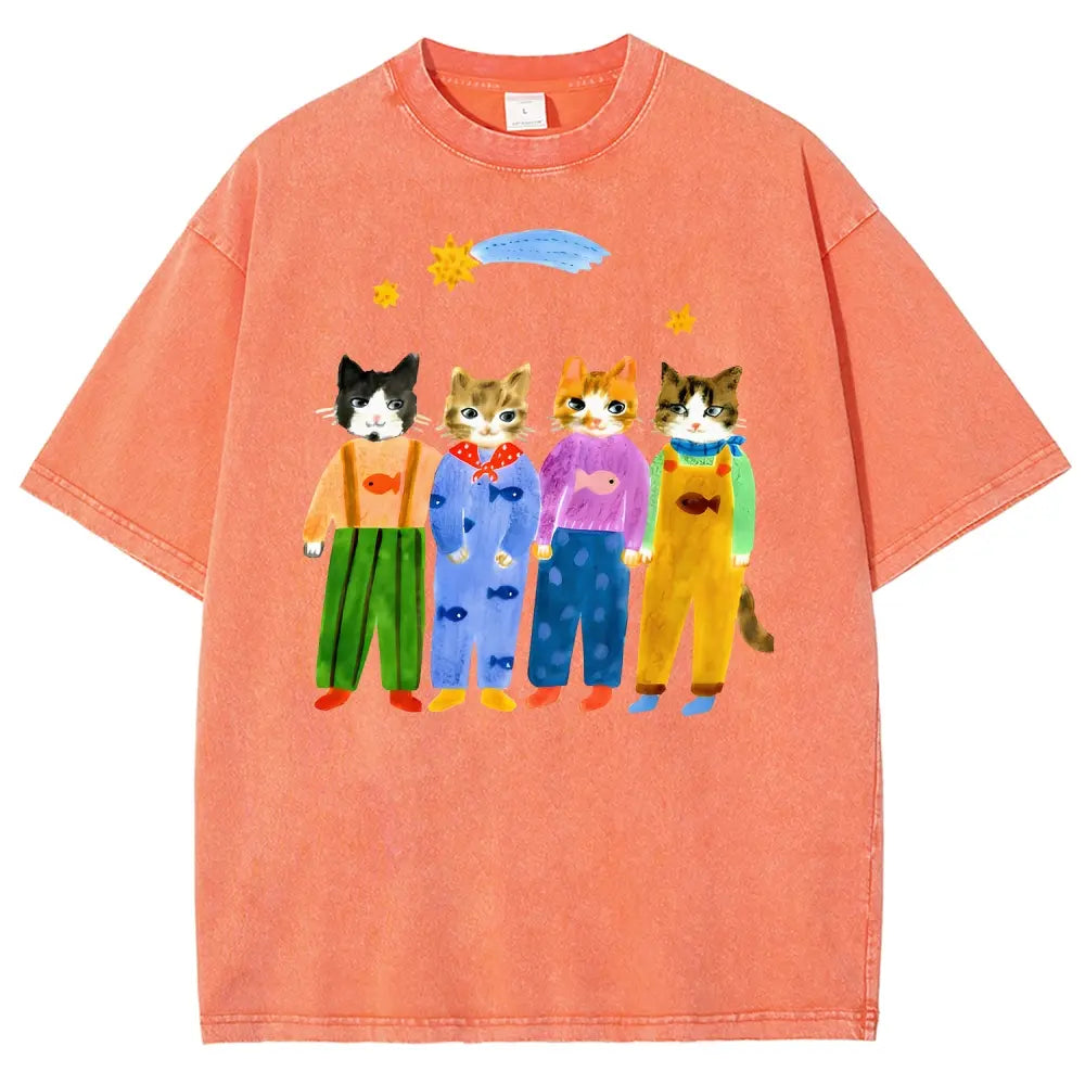 Retro Hand Painted Funny Cats In Overalls Graphic Vintage Tee 90s Graphic Tees Men's t Shirts Graphic Tee t Shirts Funny Graphic Tee Good Graphic Tees Men's Graphic Tees Streetwear Outfits Men Vacation Outfits Oversized Tshirt Men