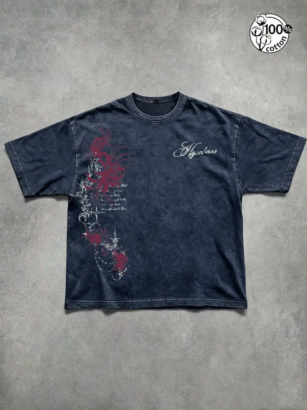 Unisex 100% Cotton Washed Vintage Spider Lily Print Oversized T-Shirt, Y2K Dark Gothic High-Street American Retro Streetwear Top, Casual