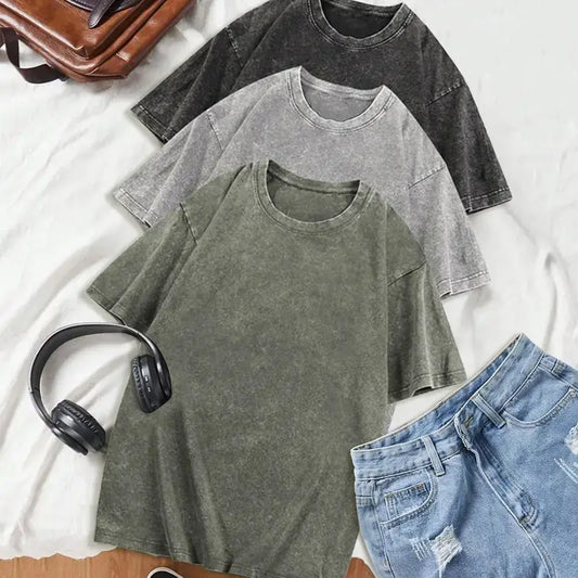1/4 Pack Unisex 100% Cotton Vintage Wash T Shirts, Essential Crewneck Tees for Streetwear, Travel, Music Festivals & Everyday Basics, Soft Pre Shrunk Wardrobe Bundle