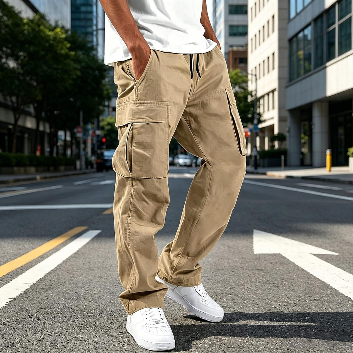Mens Cargo Pants Casual Relaxed Fit Elastic Waist Hiking Cargo Work Pants | Drawstring Cargo Hiking Pants with Multi Pockets Straight Leg Athletic Pants for Outdoor Camping Fishing Workout Sweatpants
