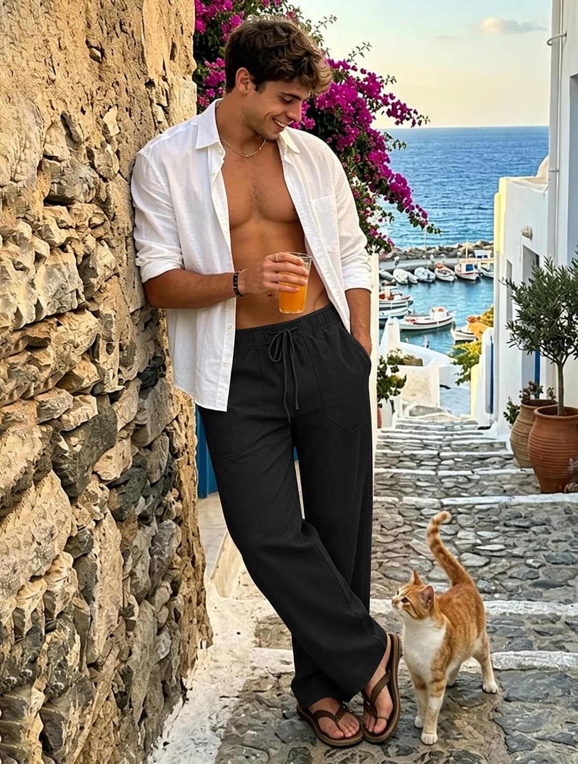 ZARLAN Breathable Men's Cotton Linen Pants Summer Beach Wide Leg | Casual Lightweight Loose Relaxed Fit Elastic Drawstring Waist Soft Cozy Trousers for Men