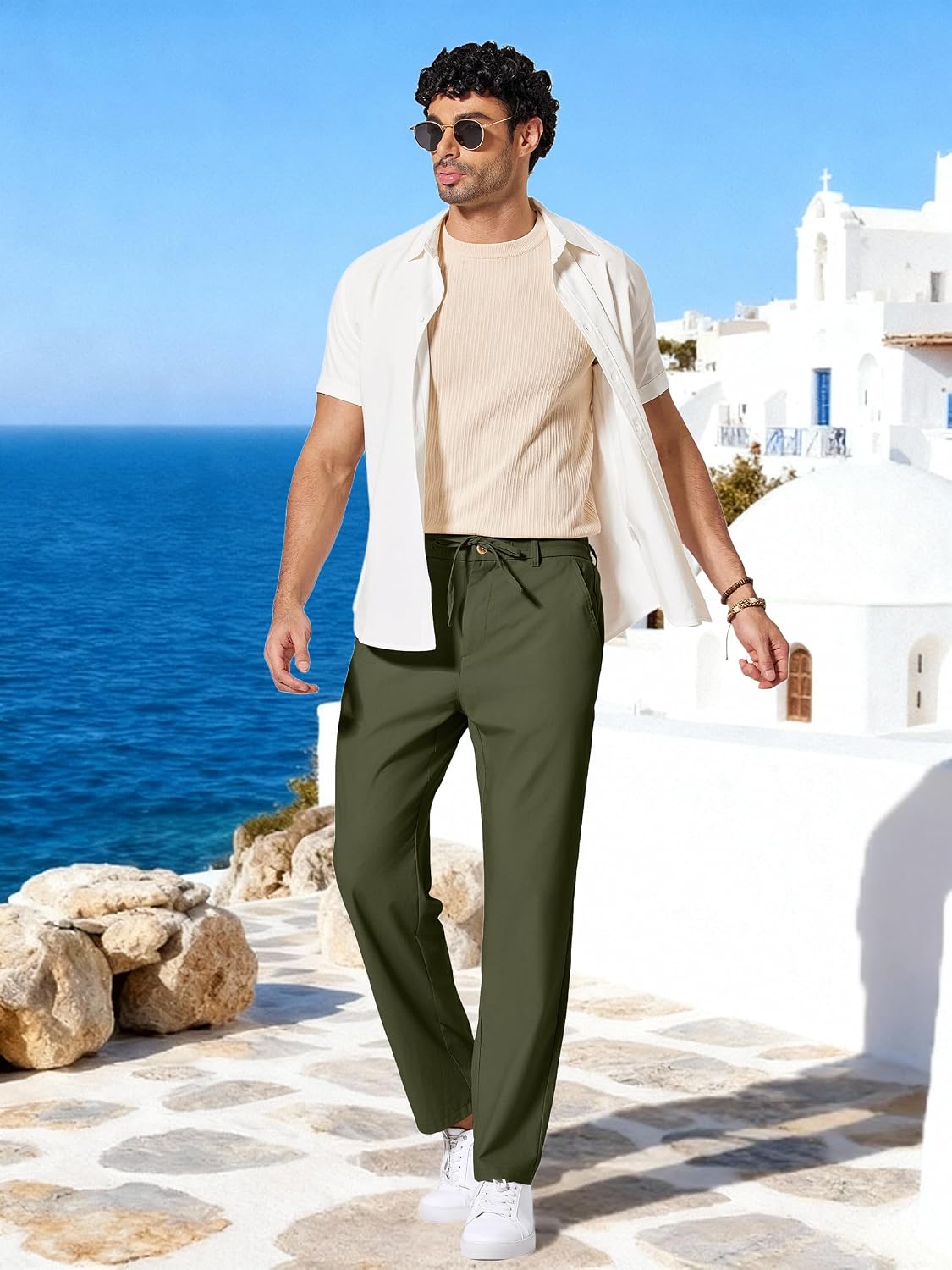 COOFANDY Men's Cotton Linen Pants Casual Drawstring Dress Pants Beach Summer Lightweight Trousers