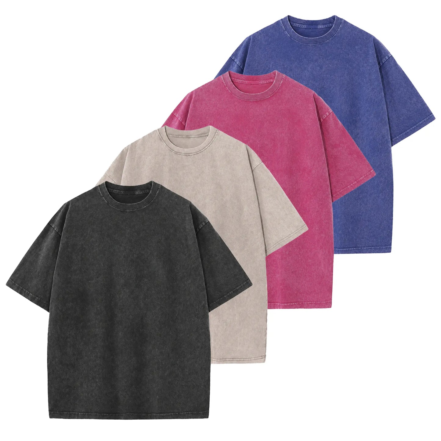 Men's 4-Pack Oversized 240g Pure Cotton Short-Sleeve T-Shirts - Unisex Baggy Plain Foldable Clothes, Acid Wash Loose-Fit Retro Streetwear, Soft Breathable Heavyweight Tops for Everyday Wear, Gym, Shortsleeve, All Seasons