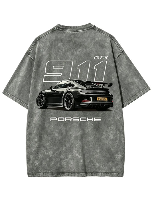[BT] Racing Tshirt Unisex Fit Washed Cotton T-Shirt Oversize Menswear Tops Streetwear Round Neck shirt, Heavyweight Vintage Washed Grey Porsch 91 Graphic T-Shirt,Retro German Supercar Track Day Streetwear Tee Casual Graphic Top Shortsleeve Crewneck Tee
