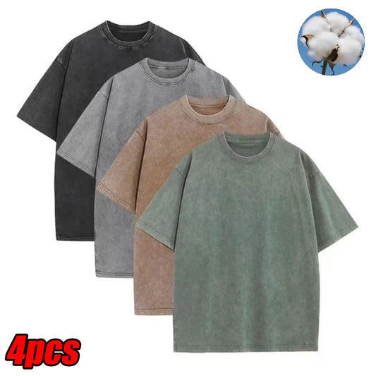 Pack of 4 men’s casual athletic short-sleeve T-shirts, cotton, solid color, washed finish, outdoor sports casual wear, men’s T-shirt, men’s short sleeve, summer clothing, summer short sleeve
