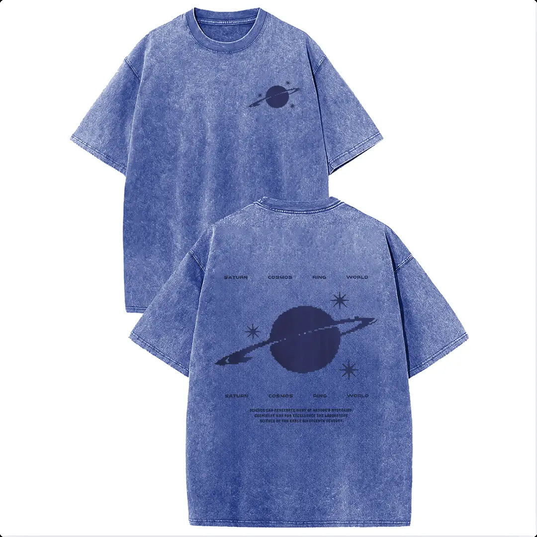 Holafish 100% Cotton Saturn Cosmos Womens Acid Washed T‑Shirt Retro Dual‑Side Graphic Printed Unisex Fashion Tees Summervibes Casual Top 2026