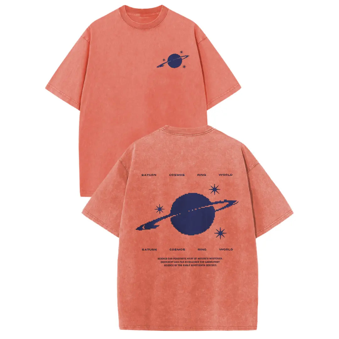 Holafish 100% Cotton Saturn Cosmos Womens Acid Washed T‑Shirt Retro Dual‑Side Graphic Printed Unisex Fashion Tees Summervibes Casual Top 2026