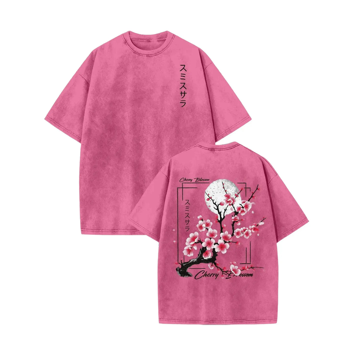 100% Washed Cotton Fabric Round Neck Short-Sleeve T-Shirt - Vintage Acid-Washed Print Top with Cherry Blossom & Japanese Lettering, Loose Knit Distressed Casual Summer Unisex Wear, Teen Boy Gift Menswear