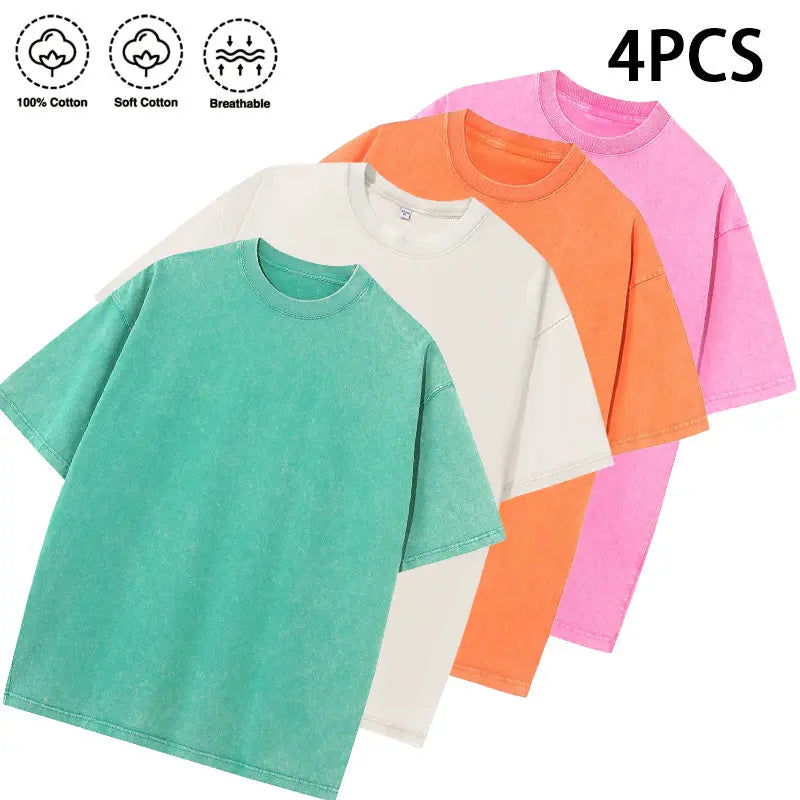 1/4 Pack Unisex 100% Cotton Vintage Wash T Shirts, Essential Crewneck Tees for Streetwear, Travel, Music Festivals & Everyday Basics, Soft Pre Shrunk Wardrobe Bundle