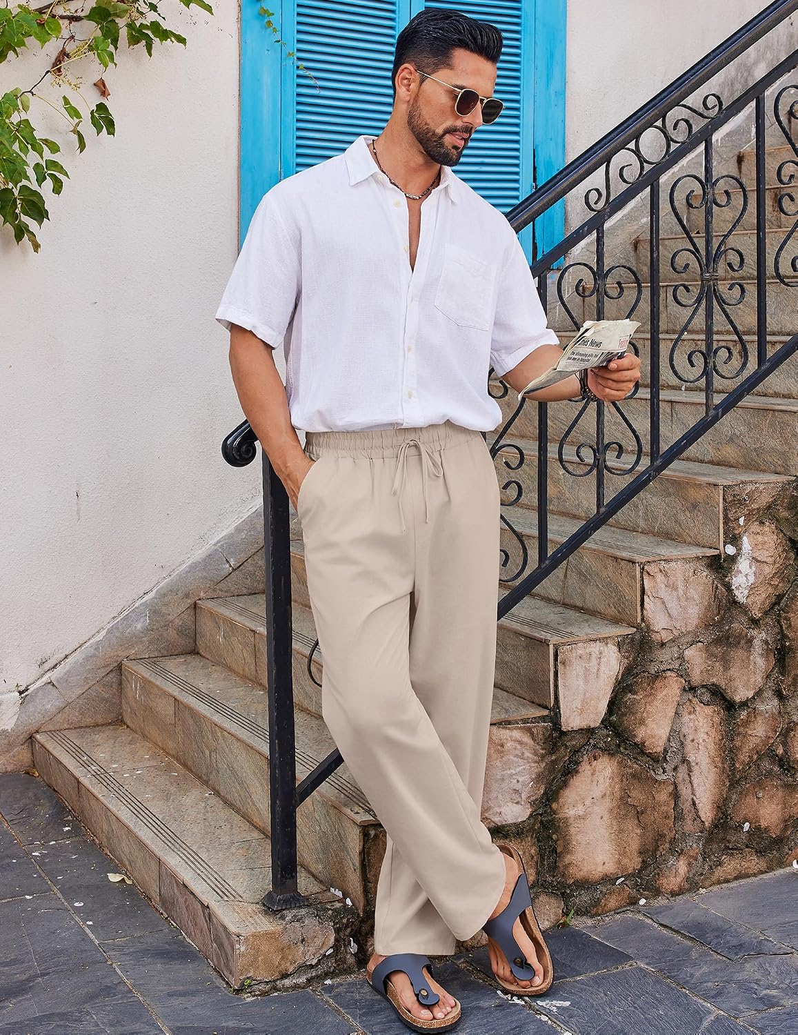 COOFANDY Men's Casual Linen Pants Loose Fit Elastic Waist Drawstring Lightweight Pant Summer Beach Trousers