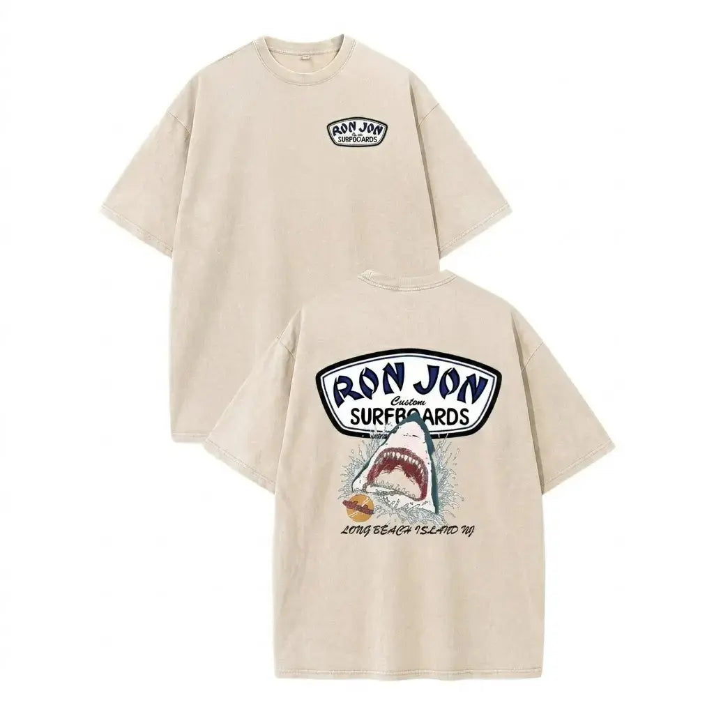 Unisex Ron Jon Surfboards Shark Graphic T Shirt Vintage Washed Heavyweight Cotton Oversized Tee Long Beach Island NJ Great White Retro Surf Beach Aesthetic Grey Acid Wash Mineral Men Women Unisex Skater Coastal Grunge Trendy Summer Outfits Gifts TikTok Ap