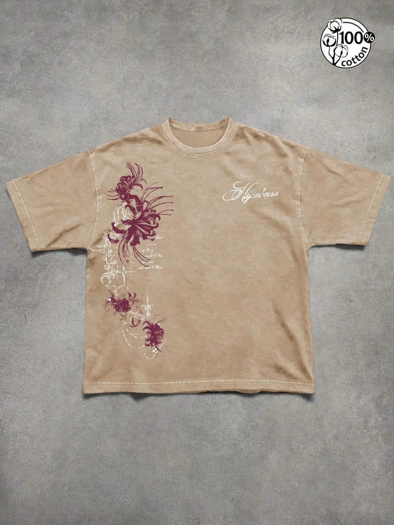 Unisex 100% Cotton Washed Vintage Spider Lily Print Oversized T-Shirt, Y2K Dark Gothic High-Street American Retro Streetwear Top, Casual