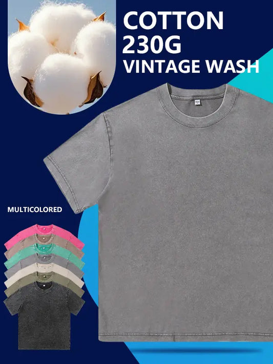 Men's pure cotton T-shirt washed retro loose solid color short sleeved top fabric skin friendly, breathable and comfortable daily casual versatile street T-shirt