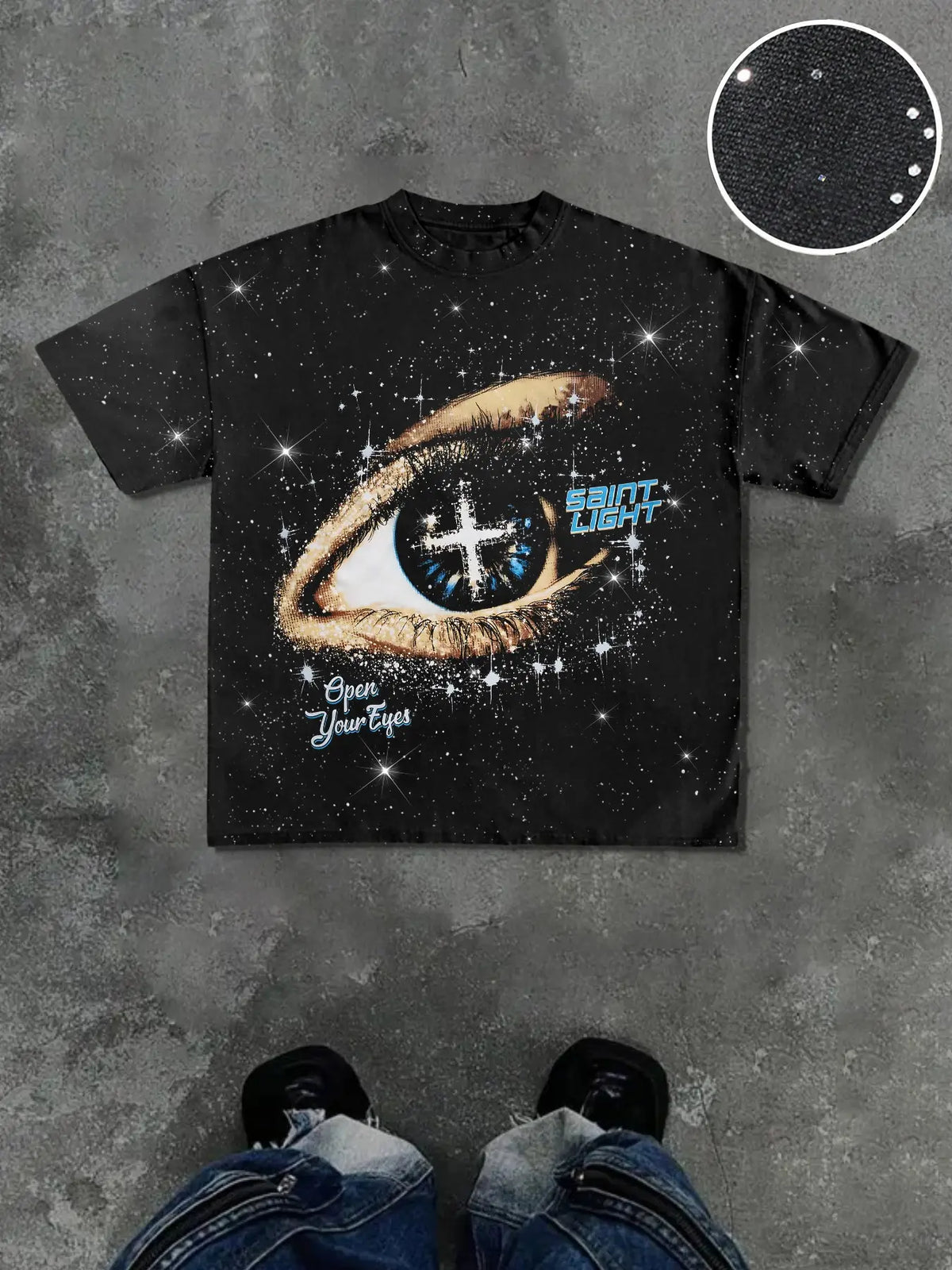 Men's Casual Streetwear Short Sleeve T-Shirt, Saint Eye Print with Shiny Star Details, Silver Color, Comfortable Fit, All-Season Wear