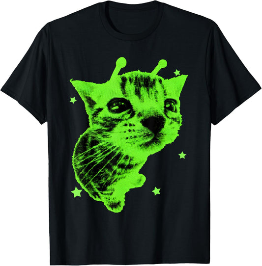 Funny Alien Cat Meme Retro Y2K Vintage Space Kitty Tees T Shirts for Men and Women