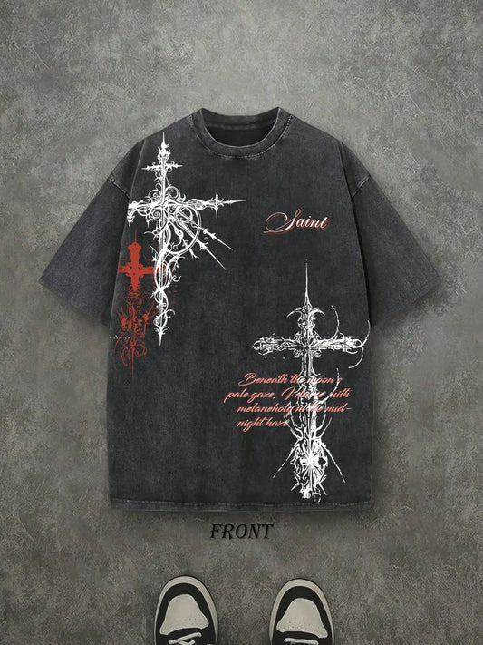 Men's Washed Cotton Short Sleeve T-Shirt, Gothic Letter Print, Casual Summer Top, Comfortable and Stylish, Perfect for Daily Wear