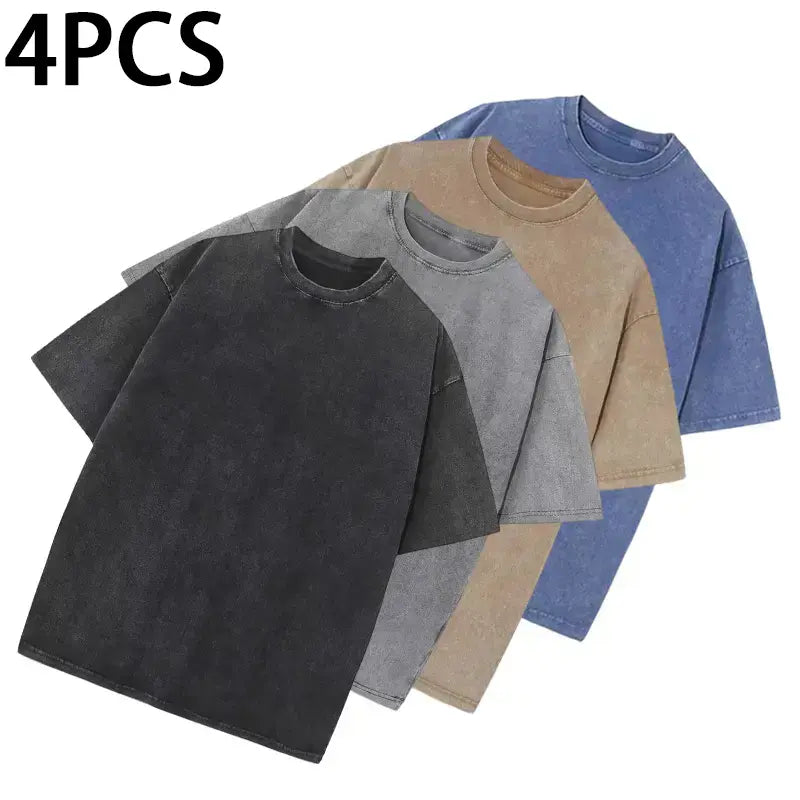 1/4 Pack Unisex 100% Cotton Vintage Wash T Shirts, Essential Crewneck Tees for Streetwear, Travel, Music Festivals & Everyday Basics, Soft Pre Shrunk Wardrobe Bundle