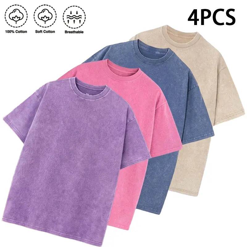 1/4 Pack Unisex 100% Cotton Vintage Wash T Shirts, Essential Crewneck Tees for Streetwear, Travel, Music Festivals & Everyday Basics, Soft Pre Shrunk Wardrobe Bundle