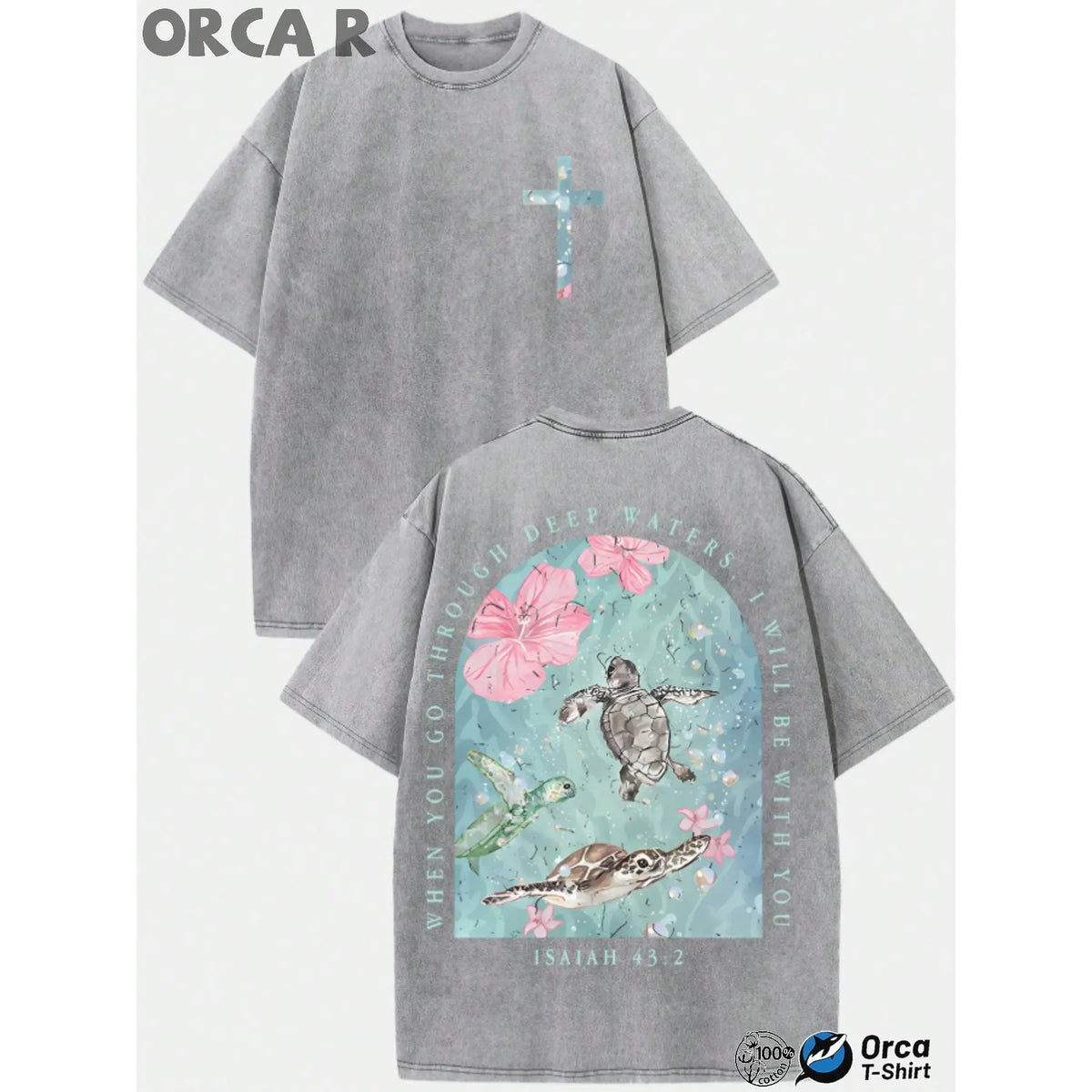 Unisex Vintage Washed Cotton T-Shirt | Sea Turtle & Floral Graphic with Text Print