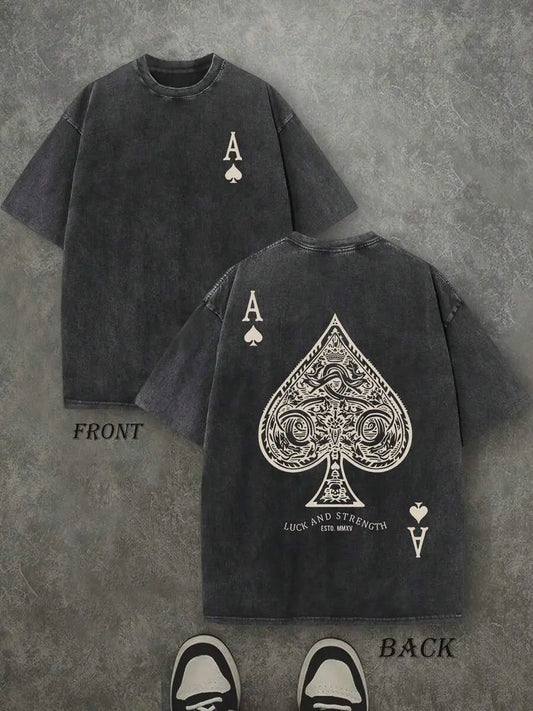 Vintage Ace of Spades T-Shirt, Washed Black Cotton Oversized Short Sleeve Tee, Retro Poker Card Graphic Casual Crewneck Shirt for Men Women
