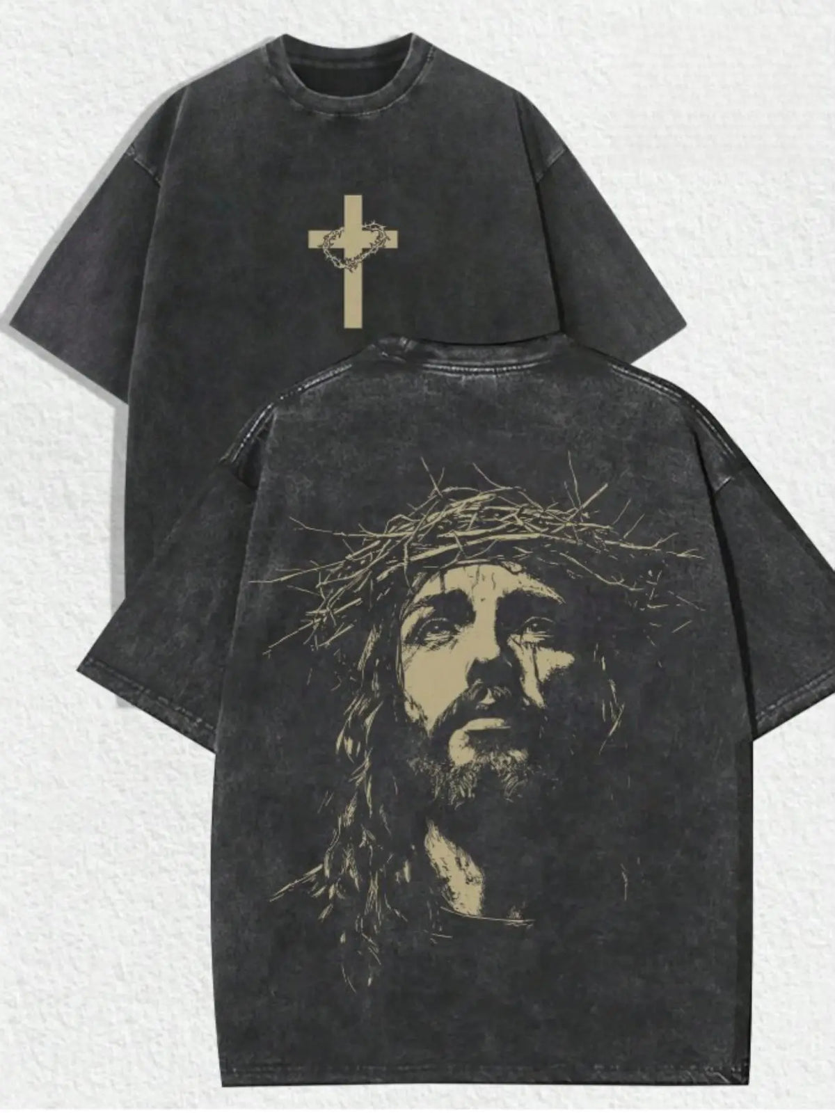 Jesus Crown of Thorns Double-Sided Washed Black Christian T-Shirt - Oversized Faith Tee.Double-Sided Print Jesus & Cross Washed Black T-Shirt - Christian Cotton Streetwear