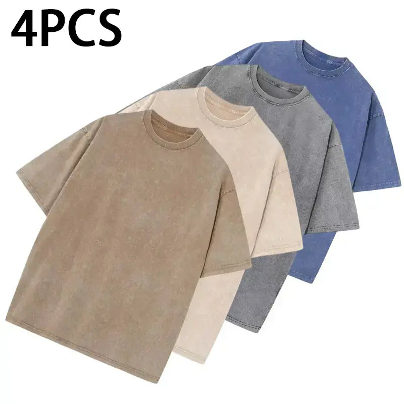 1/4 Pack Unisex 100% Cotton Vintage Wash T Shirts, Essential Crewneck Tees for Streetwear, Travel, Music Festivals & Everyday Basics, Soft Pre Shrunk Wardrobe Bundle