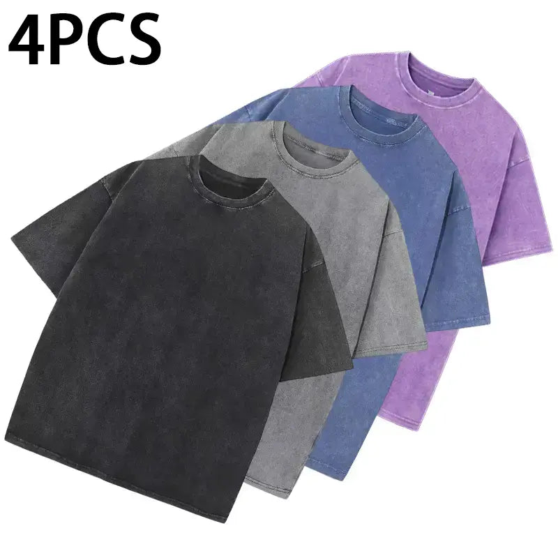 1/4 Pack Unisex 100% Cotton Vintage Wash T Shirts, Essential Crewneck Tees for Streetwear, Travel, Music Festivals & Everyday Basics, Soft Pre Shrunk Wardrobe Bundle