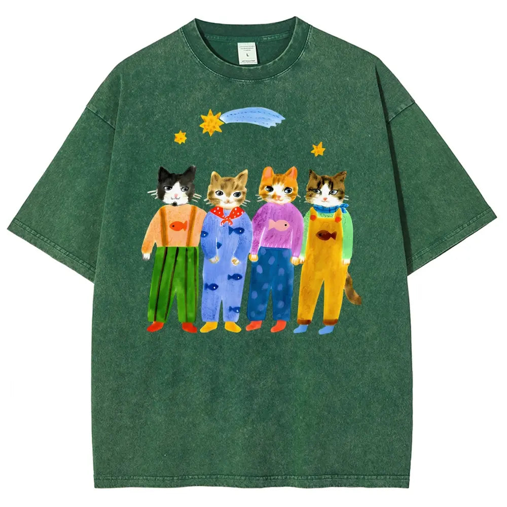 Retro Hand Painted Funny Cats In Overalls Graphic Vintage Tee 90s Graphic Tees Men's t Shirts Graphic Tee t Shirts Funny Graphic Tee Good Graphic Tees Men's Graphic Tees Streetwear Outfits Men Vacation Outfits Oversized Tshirt Men