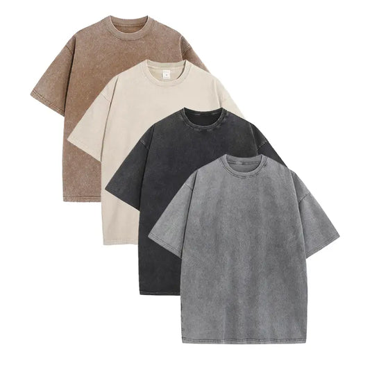 Men’s loose-fit acid-wash cotton short-sleeve T-shirt 4-pack; casual street-style tops; men’s retro crew neck solid-color trendy basic T-shirts; men’s summer T-shirts; ’90s vintage men’s clothing; baggy gym fits