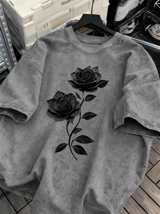 Unisex Y2K Floral Print Washed Cotton Short Sleeve T-Shirt, Casual Fashion Top for Men and Women, Comfortable Summer Wear