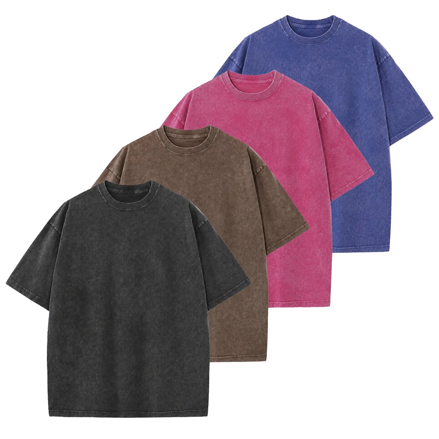 Men's 4-Pack Oversized 240g Pure Cotton Short-Sleeve T-Shirts - Unisex Baggy Plain Foldable Clothes, Acid Wash Loose-Fit Retro Streetwear, Soft Breathable Heavyweight Tops for Everyday Wear, Gym, Shortsleeve, All Seasons
