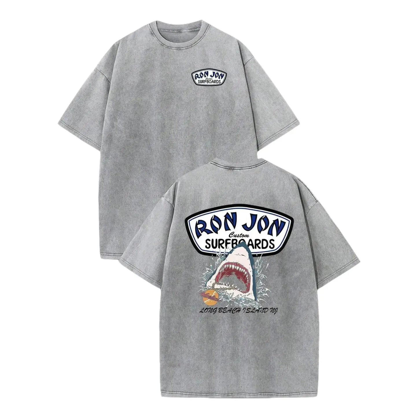 Unisex Ron Jon Surfboards Shark Graphic T Shirt Vintage Washed Heavyweight Cotton Oversized Tee Long Beach Island NJ Great White Retro Surf Beach Aesthetic Grey Acid Wash Mineral Men Women Unisex Skater Coastal Grunge Trendy Summer Outfits Gifts TikTok Ap