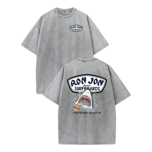 Unisex Ron Jon Surfboards Shark Graphic T Shirt Vintage Washed Heavyweight Cotton Oversized Tee Long Beach Island NJ Great White Retro Surf Beach Aesthetic Grey Acid Wash Mineral Men Women Unisex Skater Coastal Grunge Trendy Summer Outfits Gifts TikTok Ap