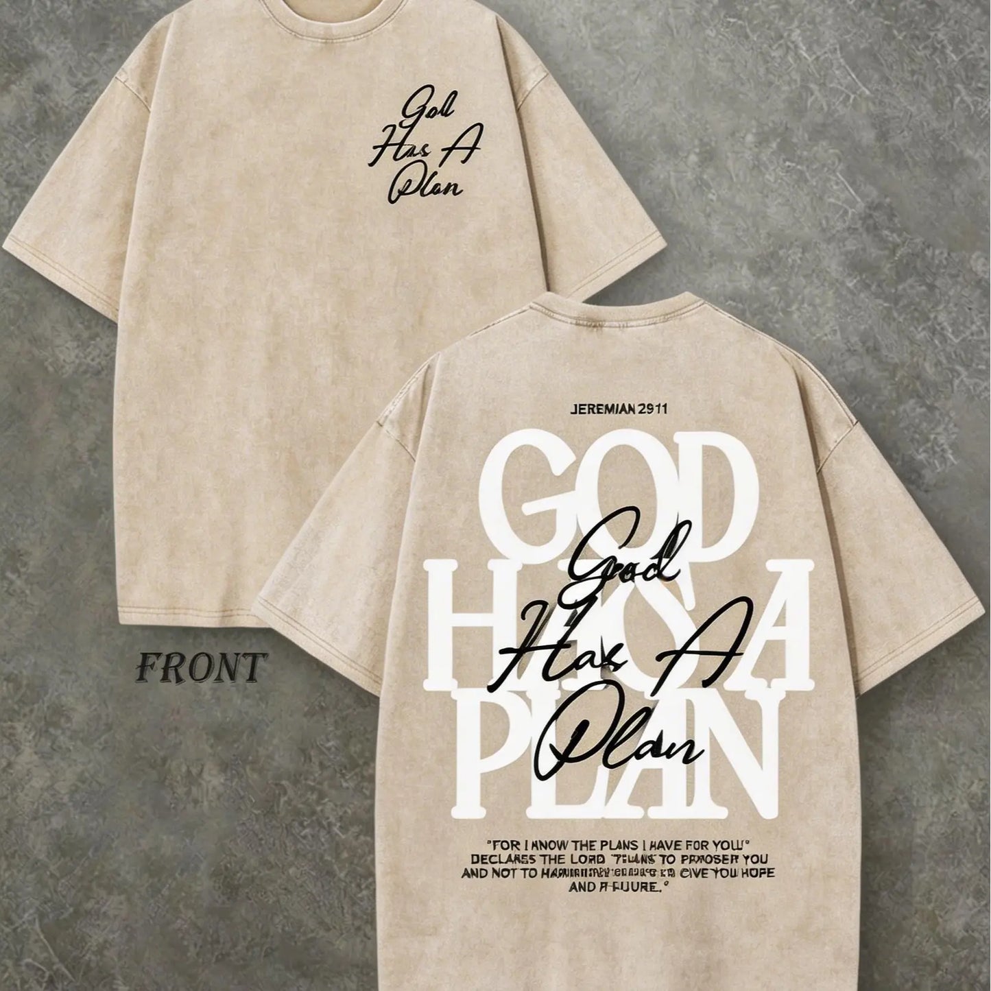 "God Has a Plan" Double-Sided Print Vintage Tee | 230gsm Heavyweight Washed Cotton Christian Streetwear, Unisex Wide-Shoulder Fit, High-Quality Casual Top for Men & Women